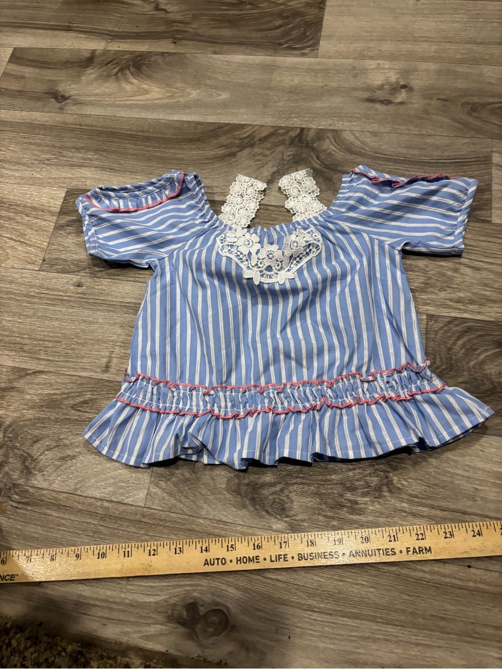 Little Lass Blue & White Striped Lace-Accent Cold Shoulder Top